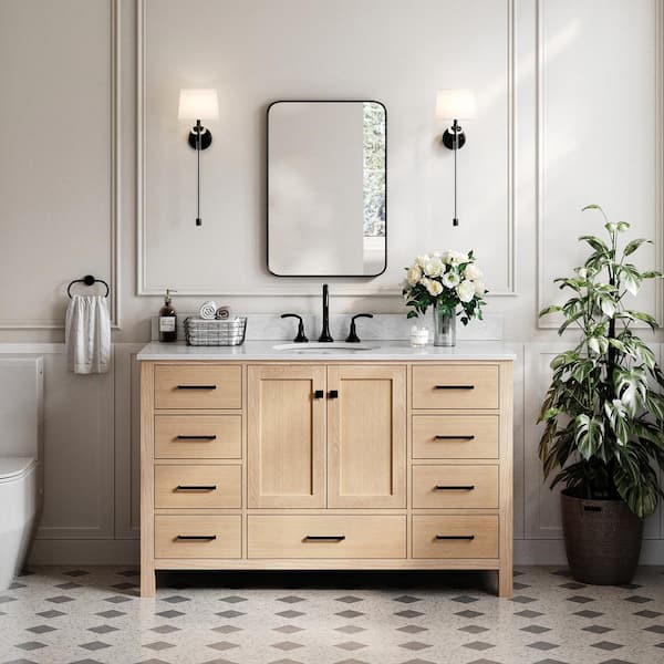 ARIEL Cambridge 55 in. W x 22 in. D x 35 in. H Single Freestanding Bath Vanity in Oak with Italian Carrara Marble Top