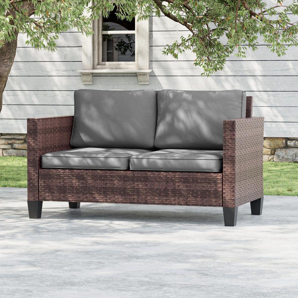All-Weather Metal Frame Brown Wicker Outdoor Loveseat Patio Chaise Lounge with Gray Cushions price history on PriceWatchPro