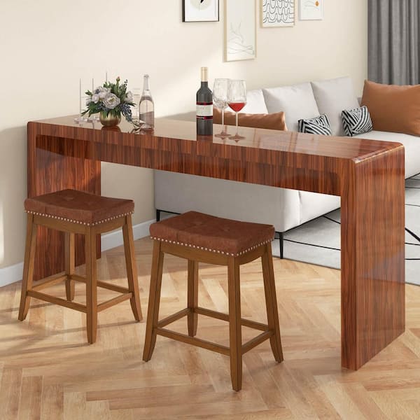 Costway Brown Saddle Bar Stools with PU Leather Seat Solid Rubber Wood Frame Footrest (Set of 2)