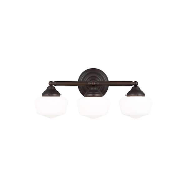 Generation Lighting Academy 23.25 in. 3-Light Bronze Transitional Farmhouse Bathroom Vanity Light with Satin White Glass Shade and LED Bulbs