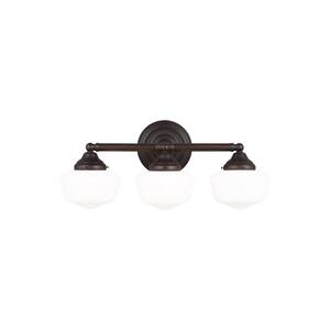 Academy 23.25 in. 3-Light Bronze Transitional Farmhouse Bathroom Vanity Light with Satin White Glass Shade and LED Bulbs