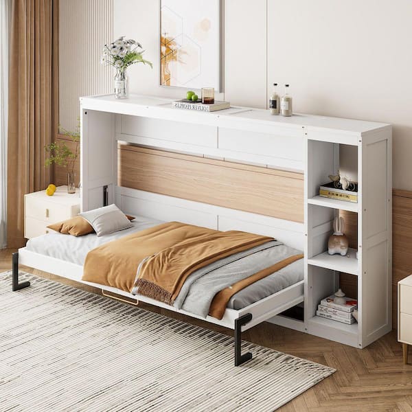 White Wood Frame Twin Murphy Bed with Bookshelf