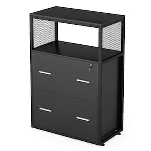 Atencio 2-Drawer Black Engineered Wood 23.6 in. W Lateral File Cabinet with Lock and Open Storage Shelf, Letter/Legal/A4