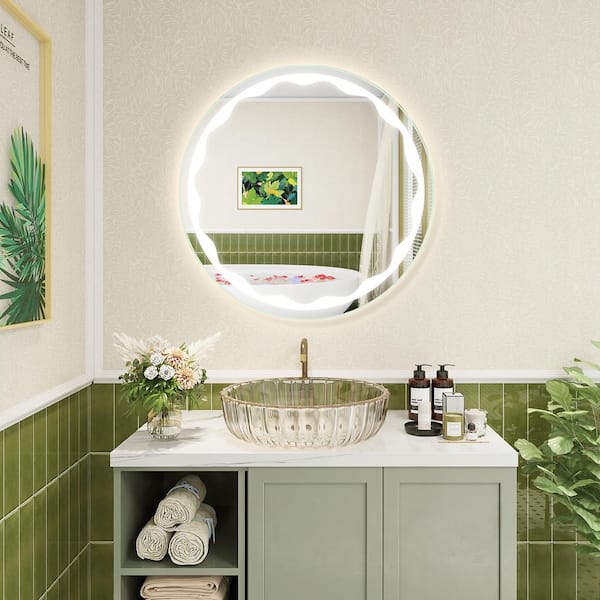 WELLFOR 24in. W x 24 in. H Round Frameless Wall Bathroom Vanity Mirror in Silver