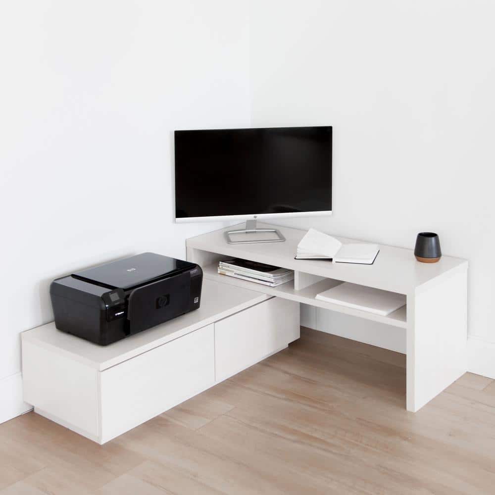 White Adjustable Media Stand with Cabinet and Drawers