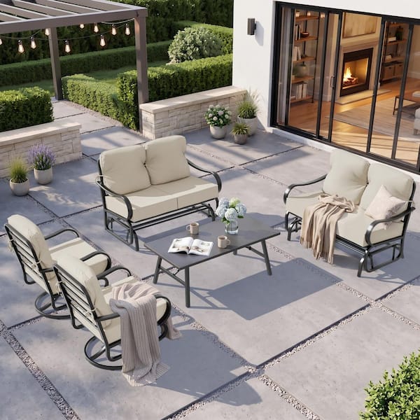 6-Piece Black Steel Outdoor Patio Conversation Set Swivel Glider Chair with Beige Cushions