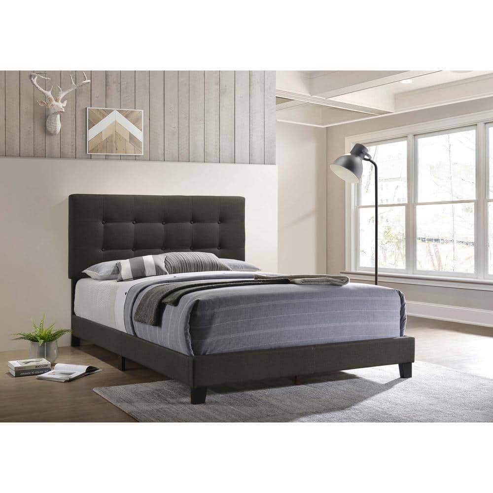 Gray Full Upholstered Bed with Tufted Headboard and Wood Frame