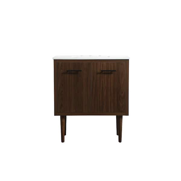 Unbranded Simply Living 30 in. W x 19 in. D x 33.5 in. H Bath Vanity in Walnut with Ivory White Engineered Marble Top