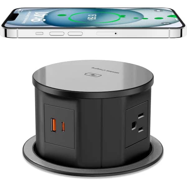 Lukyamzn 6 ft. Cord Pop Up Outlet with 15-Watt Wireless Charger, 4 AC Outlets, 1 USB-A, 1 USB-C Ports in Black
