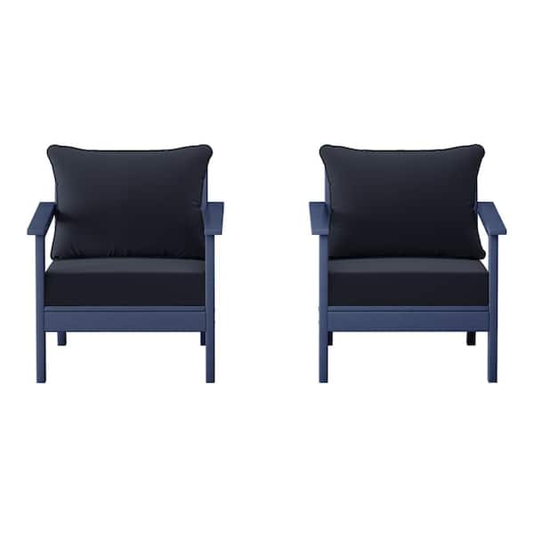 WESTIN OUTDOOR Birchwood Navy Blue Outdoor Patio (Set of 2) Deep Seating HDPE Lounge Chairs w/ Navy Blue Cushions