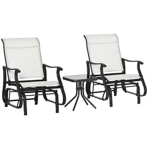 Cream White 3-Piece Metal Gliding Chair and Tea Table Set Lawn Chair with Tempered Glass