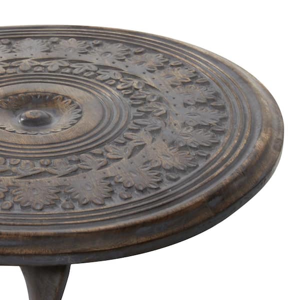 Litton Lane 18 in. Brown Handmade Intricately Carved Floral Large Round  Wood End Table with Spiral Leg and Elevated Base 31888 The Home Depot