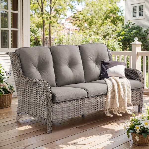 3-Seat Gray PE Wicker Outdoor Couch with Gray Cushions and Curved Arm Design