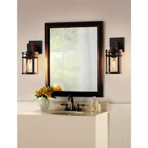 8 in. 1-Light Black Cylinder Wall Sconce with Wood Grain Glass Farmhouse Industrial Light for Foyer Hallway Living Room