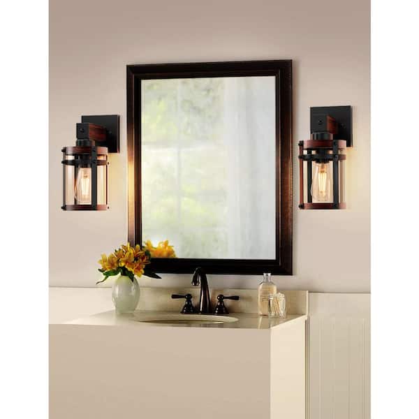 8 in. 1-Light Black Cylinder Wall Sconce with Wood Grain Glass Farmhouse Industrial Light for Foyer Hallway Yards Garden