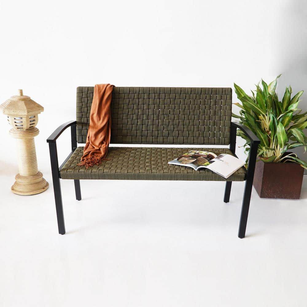 Chelsea Olive Green Metal and Rope Outdoor Bench with Armrest