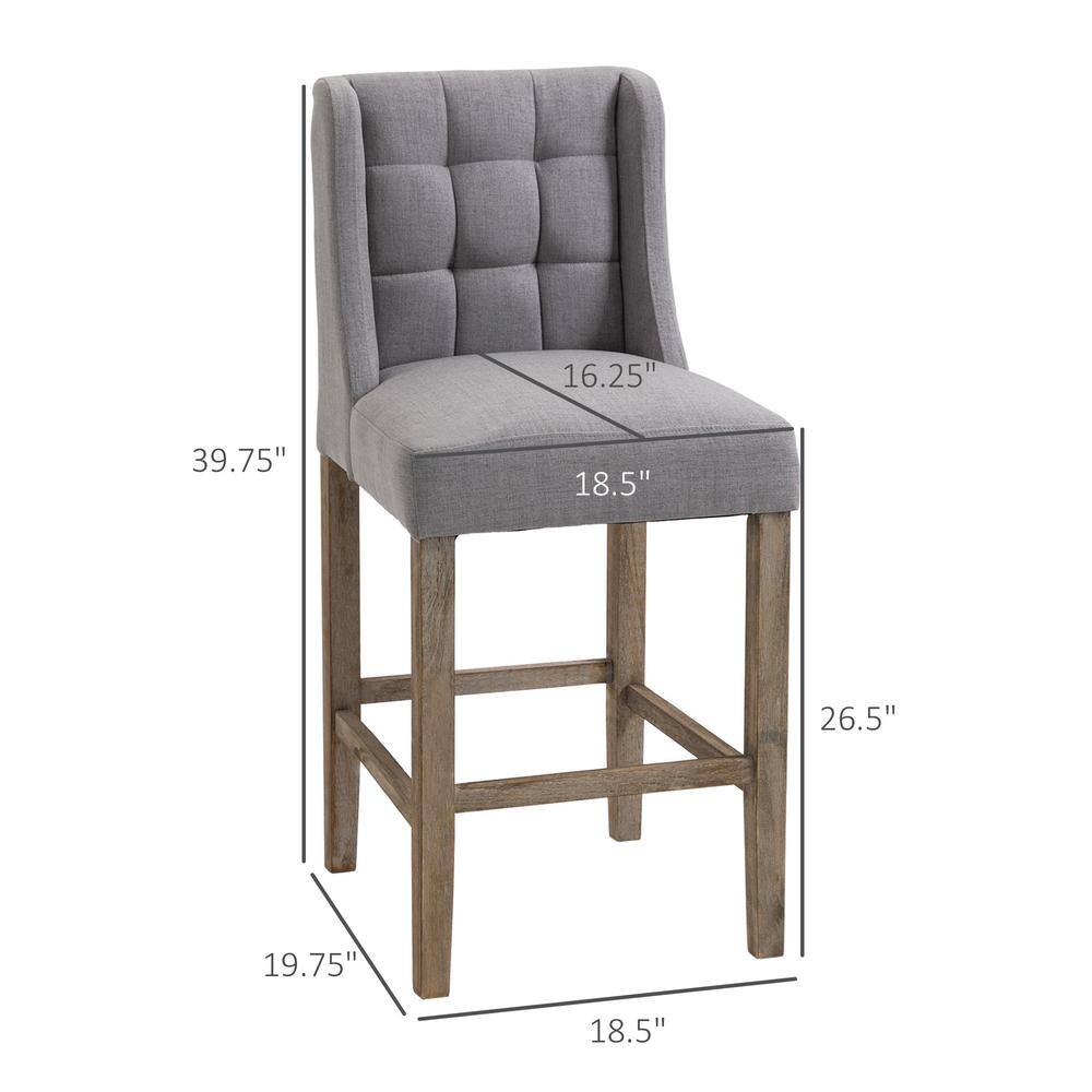 Gray Tufted Upholstered Bar Stools with Rubber Wood Legs, Set of 2