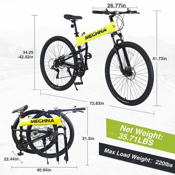 Yellow 29 in. Folding Mountain Bike Suspension Fork Aluminium Alloy Frame 21 Speed Mountain Bike