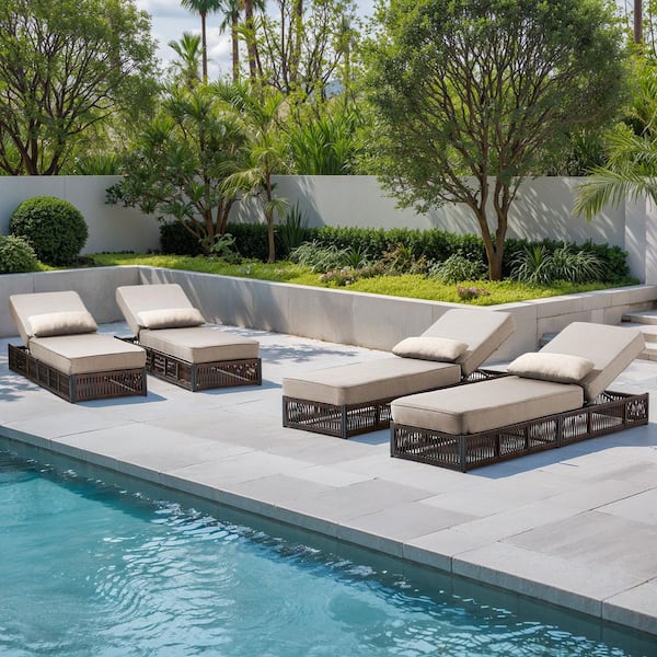 ArcoBay Brown Wicker Outdoor Chaise Lounge with 5 in. Thick Beige Cushions (4-Pack)