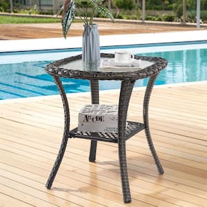 Sonkuki Outdoor Grey PE Rattan Side Table, Water-Corrugated Glass