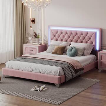 Harper & Bright Designs Pink Wood Frame Queen Size Velvet Upholstered Platform Bed with Tufted Headboard and LED Lights LHC051AAH