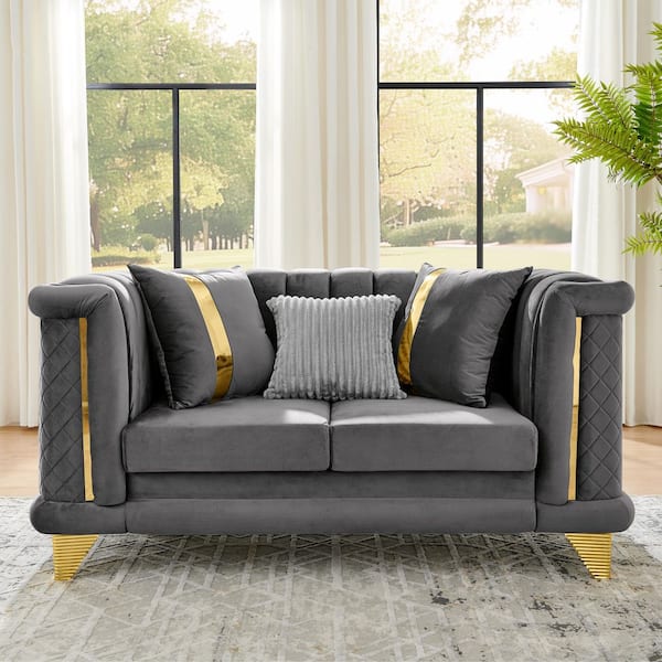 OBMOC 39 in. Rolled Arm Velvet Rectangle Sofa with Plush Cushions & Gold Stainless Steel Legs in. Slate Grey