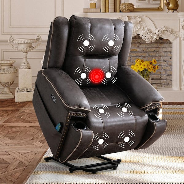 41" W Oversize Dark Gray PU Leather Power Lift Recliner Chair with Massage and Heating