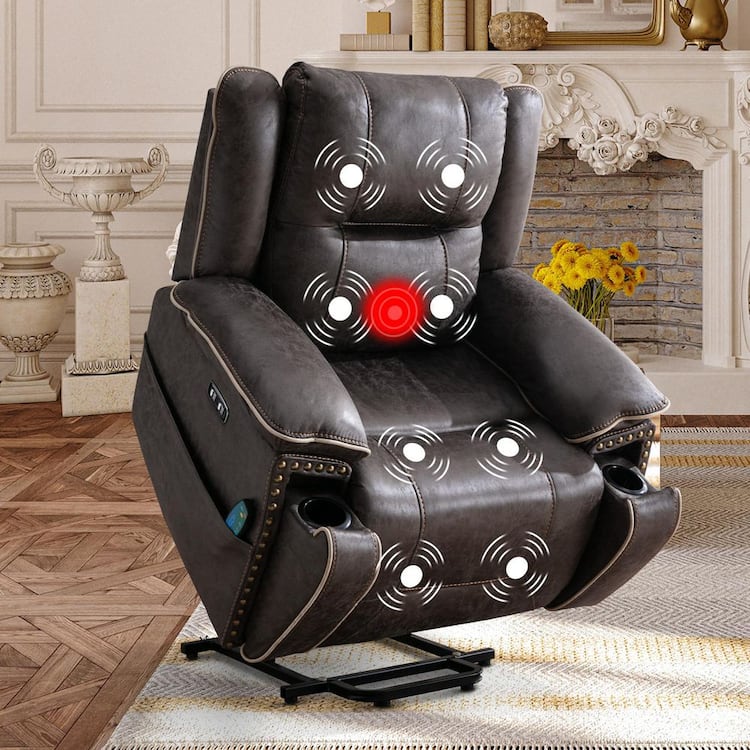 Bestier 41" W Oversize Dark Gray PU Leather Power Lift Recliner Chair with Massage and Heating
