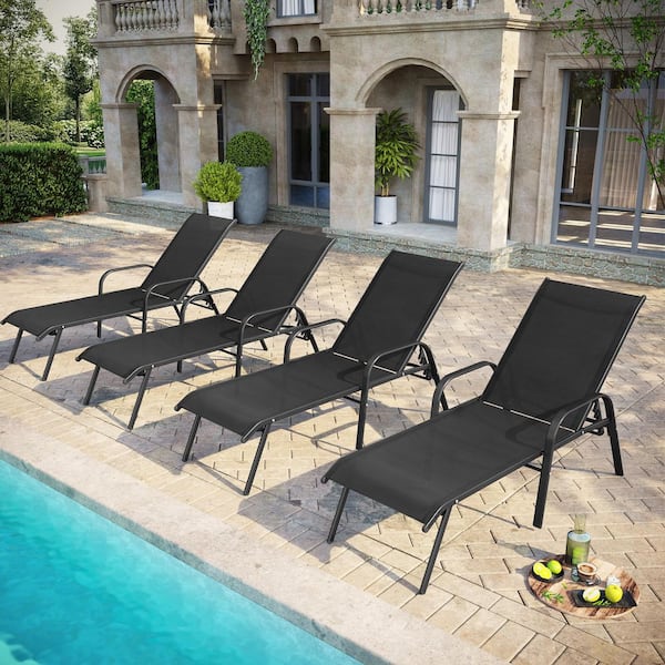 4-Piece Outdoor Chaise Lounge Metal Lounge Chair with Adjustable Backrest and Armrests in Black
