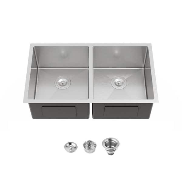 33 in. Undermount 50/50 Double Bowl 20-Gauge Stainless Steel Kitchen Sink with Basket Strainer in Brushed Nickel