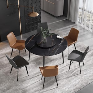 53.15 in. Circular Sintered Stone Tabletop Kitchen Dining Table with Lazy Susan with 4 Black Metal Legs (6 Seats)