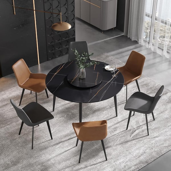 Magic Home 53.15 in. Circular Sintered Stone Tabletop Kitchen Dining Table with Lazy Susan with 4 Black Metal Legs (6 Seats)