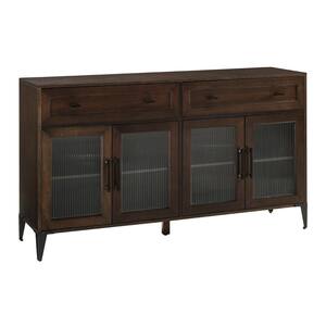 Dark Brown Oak Wood and Fluted Glass 4-Door Urban Transitional Sideboard
