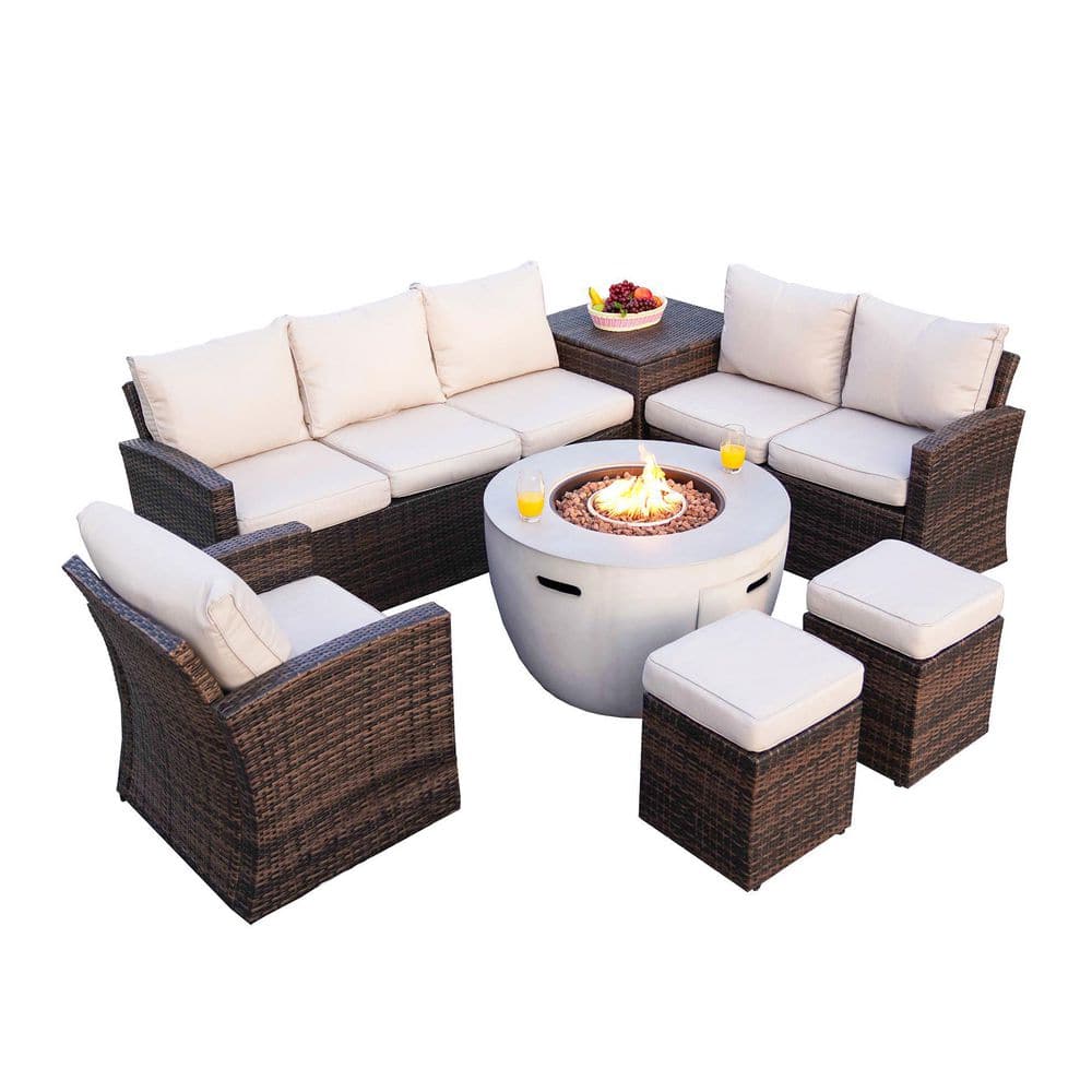 Greenland Brown 7-Piece Wicker Patio Conversation Set Round Firepits with Beige Cushions and Ottomans price history on PriceWatchPro