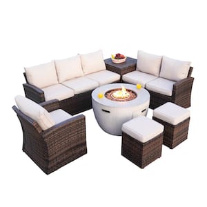 Greenland Brown 7-Piece Wicker Patio Conversation Set Round Firepits with Beige Cushions and Ottomans