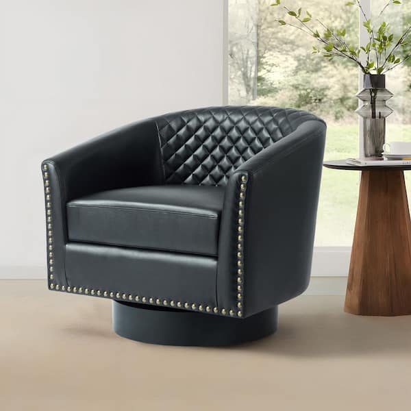 Black PU Leather Upholstered 360°Swivel Arm Chair with Nailhead Trim (Set of 1)