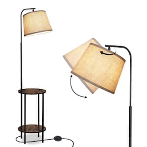 62 in. Black 1-Light Farmhouse Column Floor Lamp for Living Room with Walnut End Table and Fabric Empire Shade