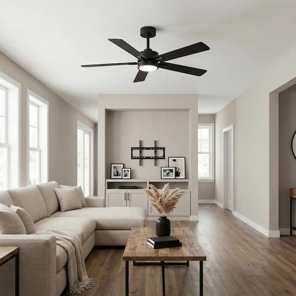 Propeller 52 in. Indoor Standard Black Flush Ceiling Fan with Integrated LED Light, 5-Black Blades and Remote Included