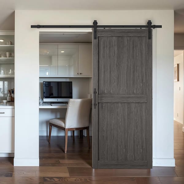 54 in. x 84 in. 2-Panel Plank Gray MDF Interior Sliding Barn Door with Hardware Kit
