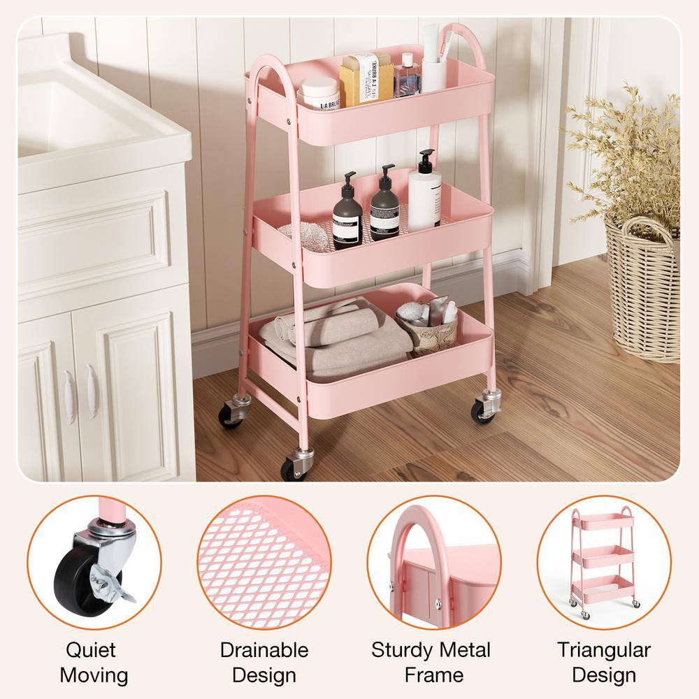 Pink 3-Tier Metal Rolling Kitchen Storage Cart with Wheels