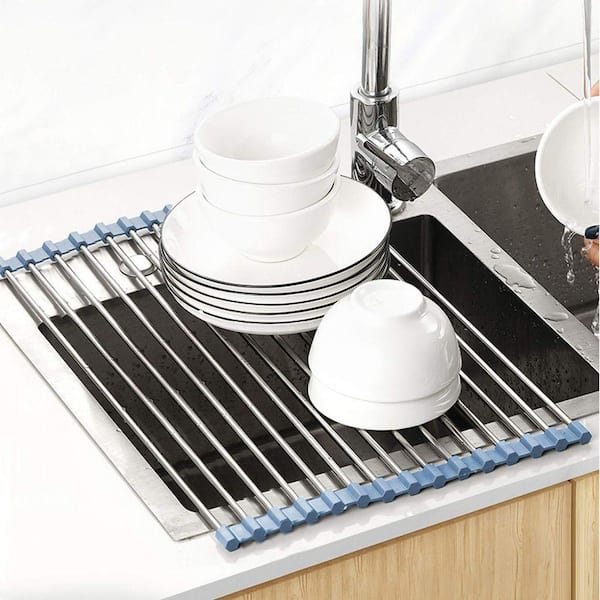 Gray Stainless Steel Roll Up Dish Drying Rack for Kitchen Sink, Foldable Dish Drainer with Silicone Mat