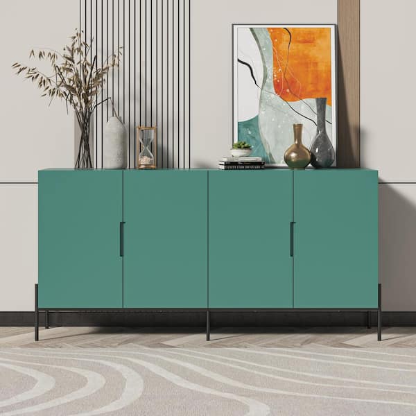 FUFU&GAGA Mint Green Wooden 61.3 in. Width Sideboard, Storage Cabinet with 4-Adjustable Height Shelves and Black Metal Legs