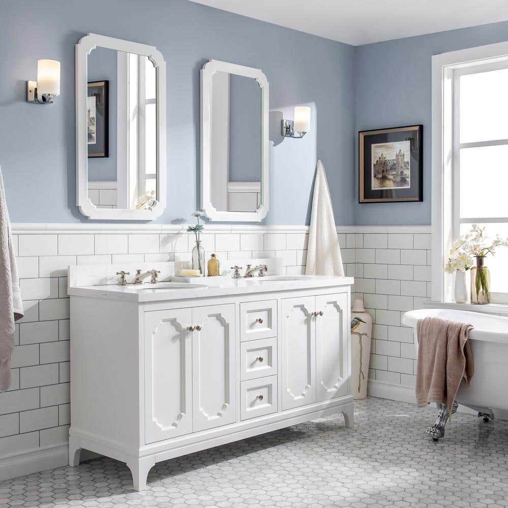 Queen 60" Pure White Double Bathroom Vanity Set with Mirror