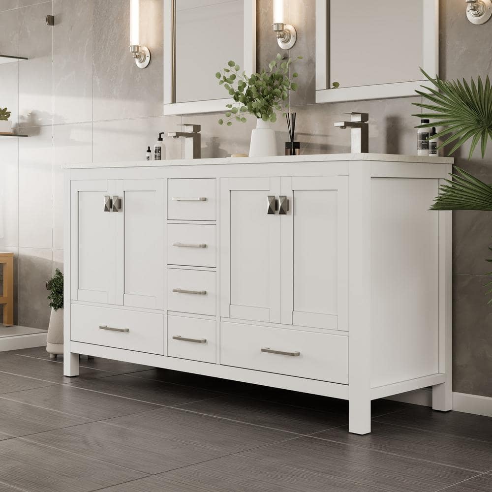 London Double Sink White Bathroom Vanity with Carrara Quartz Countertop