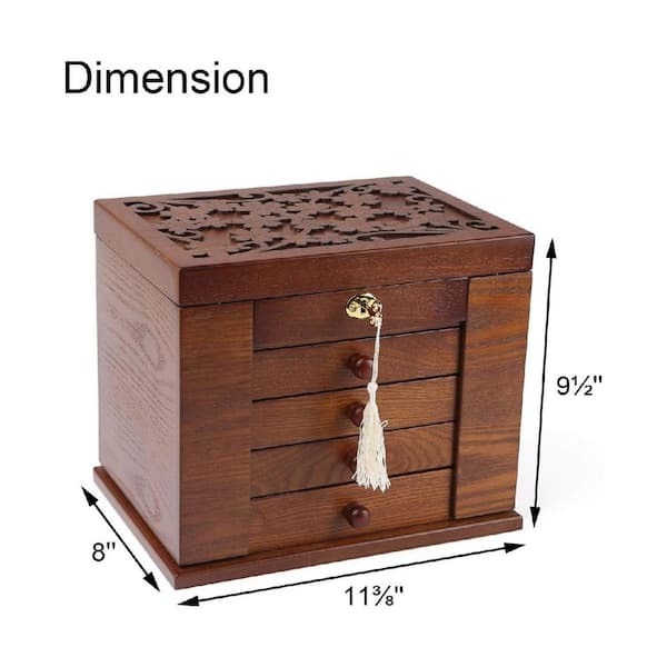 Brown Rectangular Wood Jewelry Box with Lock and Key HD8JZH1XRJ