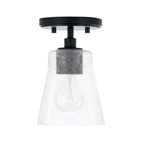 HOMEPLACE LIGHTING Baker 5.5 in. W x 8 in. H 1-Light Mini Pendant in Matte Black with Clear Seeded Glass