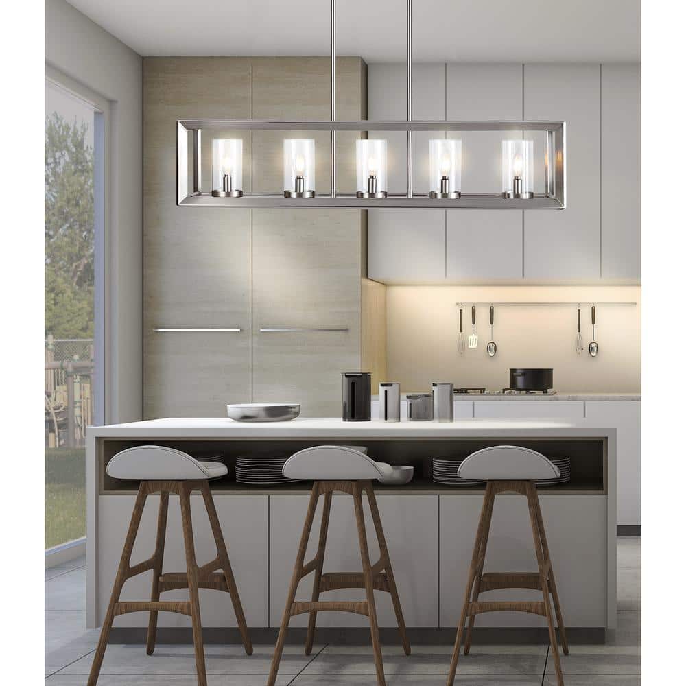 Anna 38.5" Nickel Linear 5-Light LED Glass Pendant