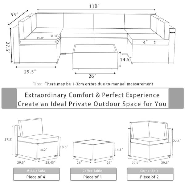 7-Piece Wicker Outdoor Sectional Set with Cushion Gray