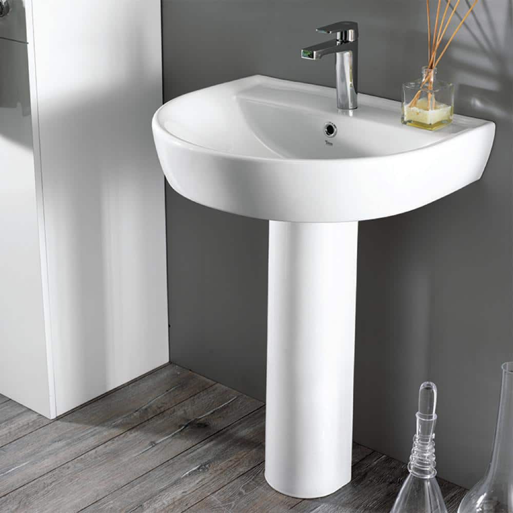 Bella White Ceramic Pedestal Bathroom Sink with Overflow