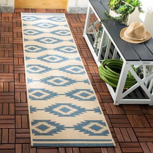 Beach House Blue/Cream 2 ft. x 8 ft. Geometric Indoor/Outdoor Patio  Runner Rug